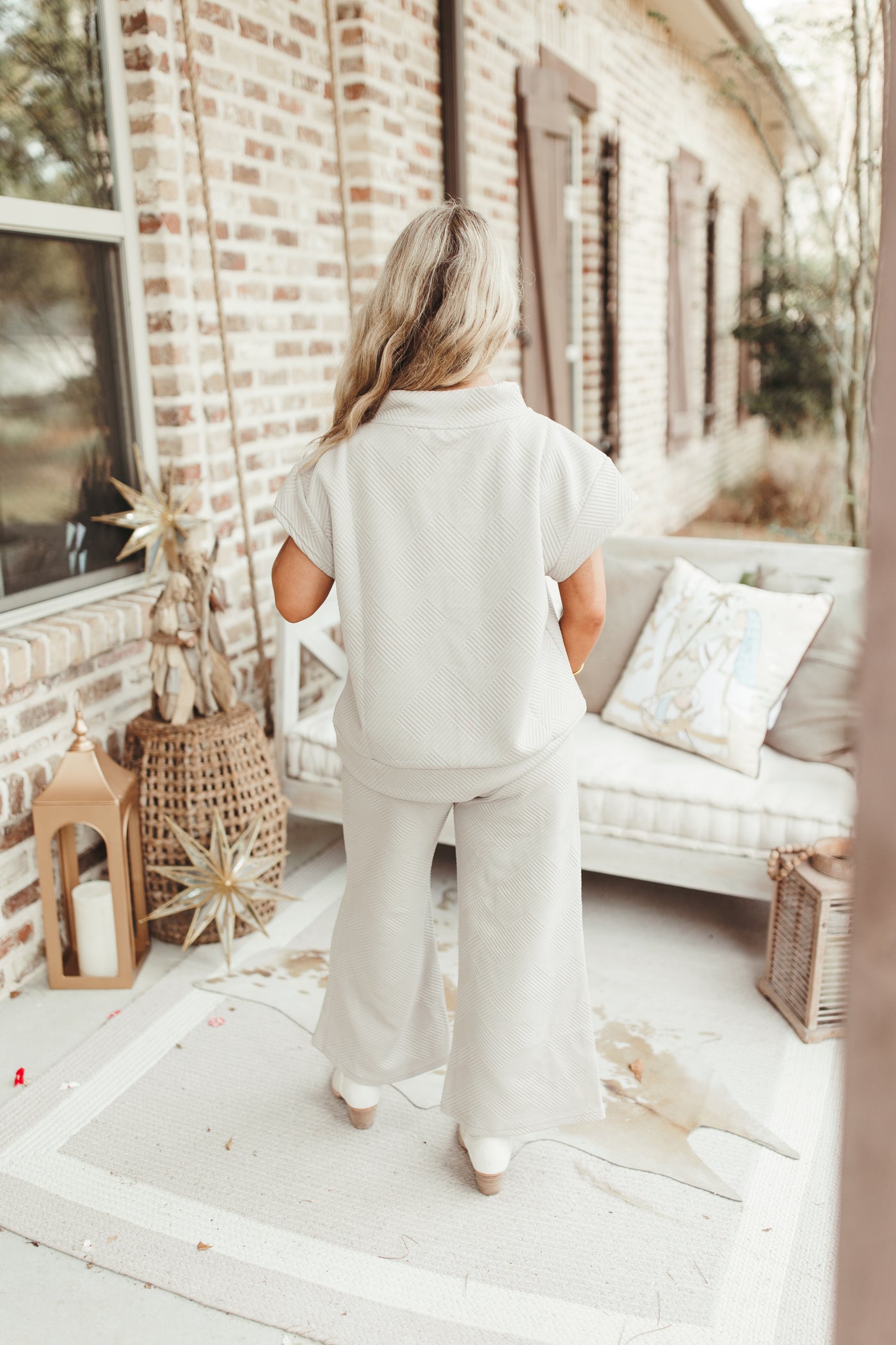 Oatmeal Textured Short Sleeve 1/4 Zip Top and Pant Set