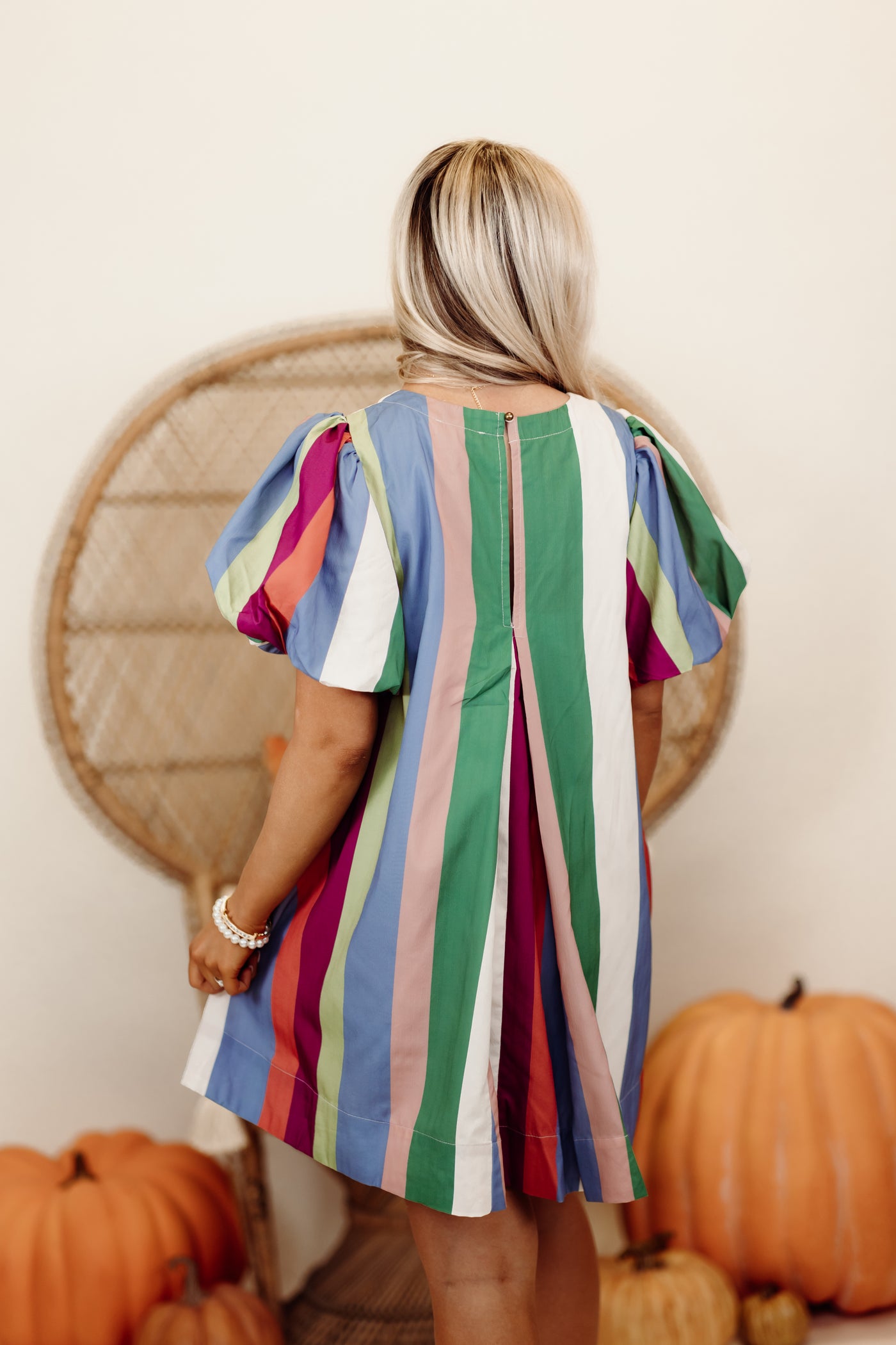 Denim Plum Striped Round Neck Puff Sleeve Dress