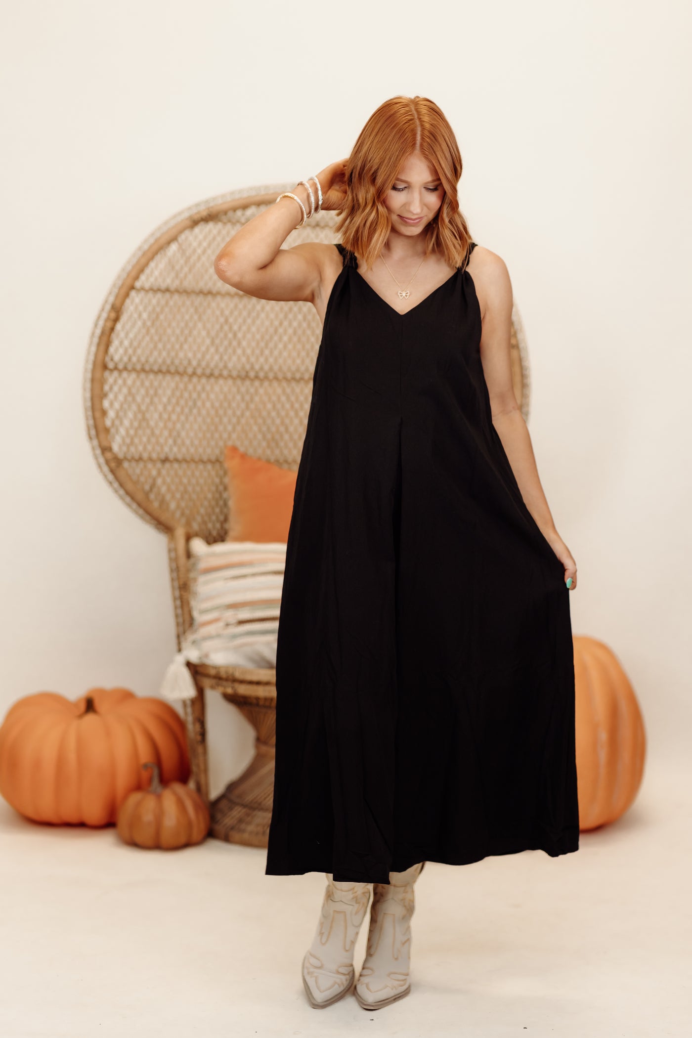 Black Loose Fit Knot Strap Midi Dress