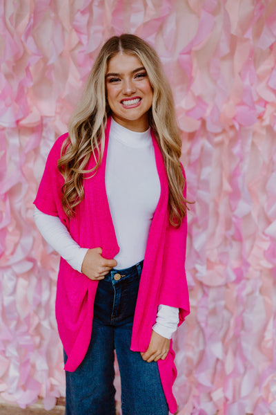 Hot Pink Knit Dolman Sleeve Cardigan