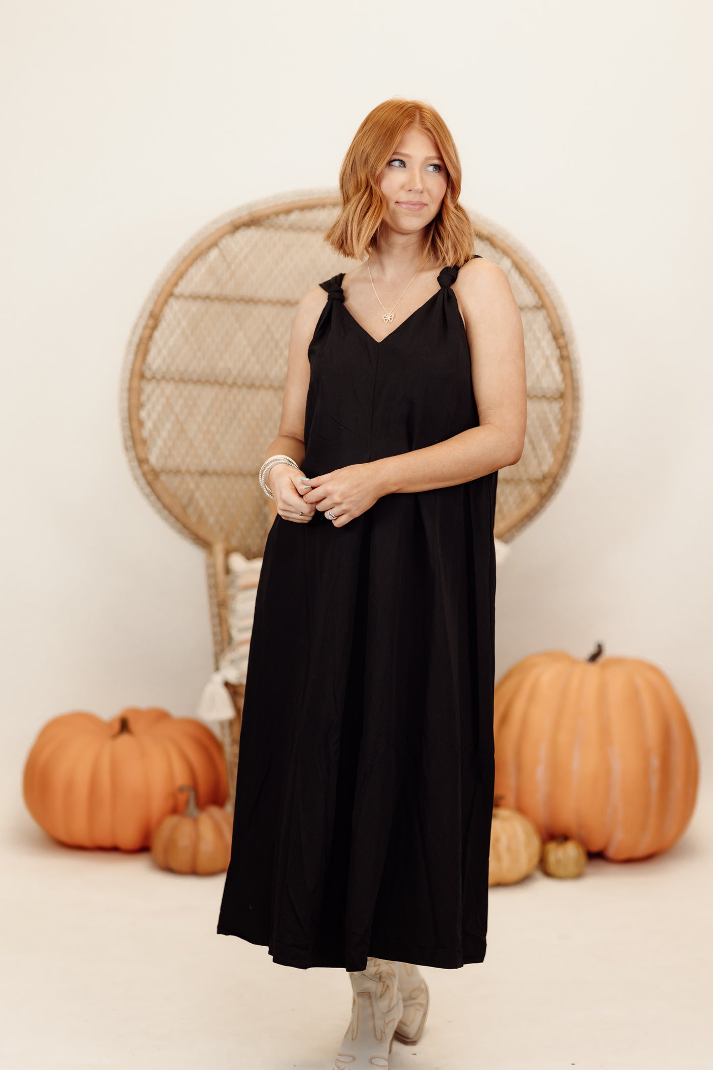 Black Loose Fit Knot Strap Midi Dress