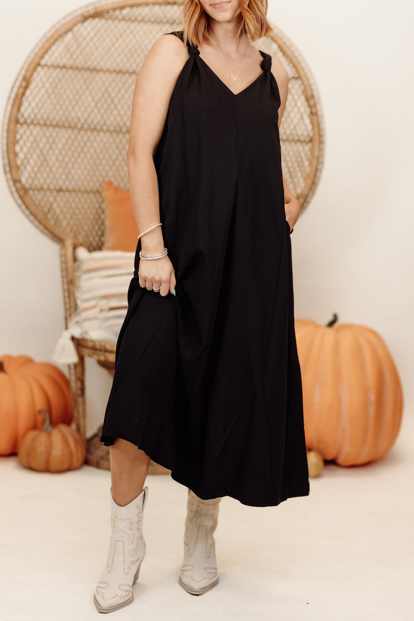 Black Loose Fit Knot Strap Midi Dress