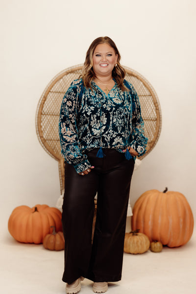 Teal Burnout Velvet Paisley Tie Detail Blouse