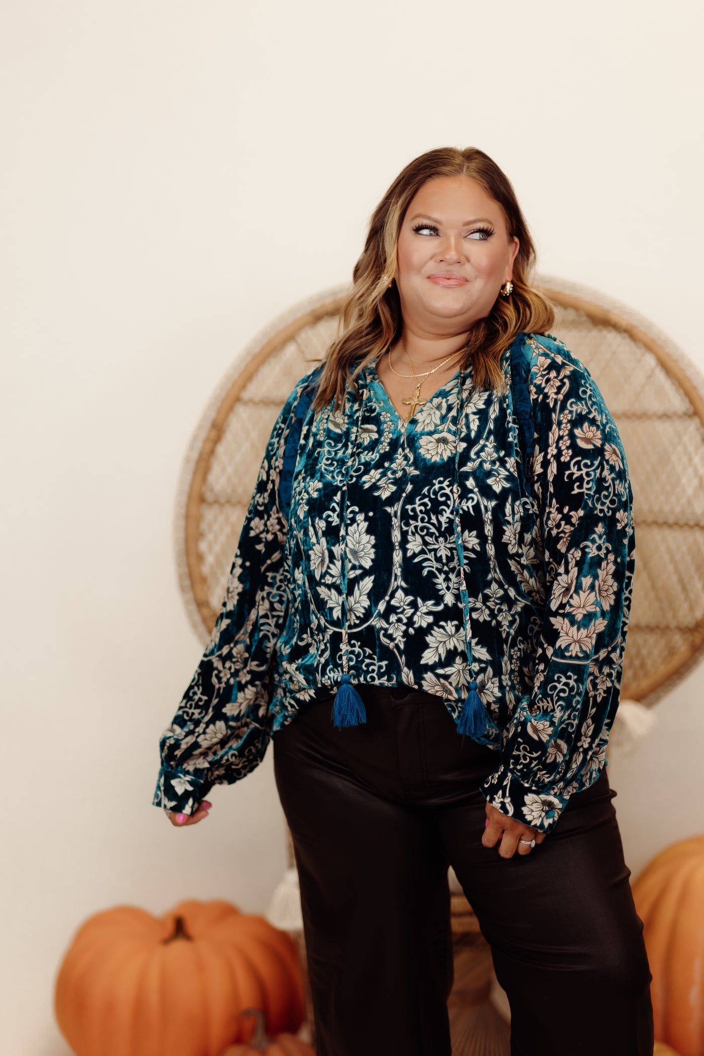 Teal Burnout Velvet Paisley Tie Detail Blouse