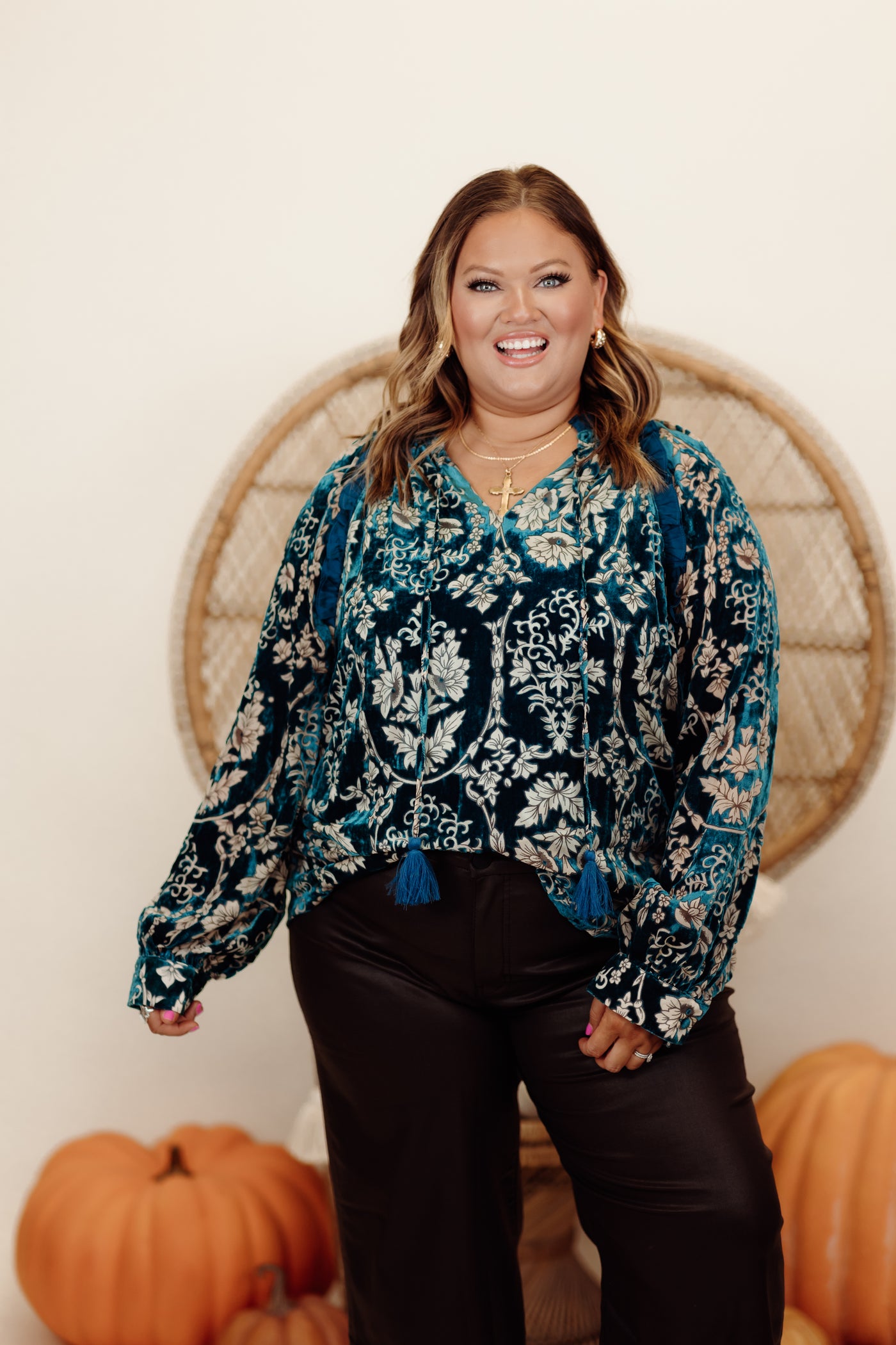 Teal Burnout Velvet Paisley Tie Detail Blouse