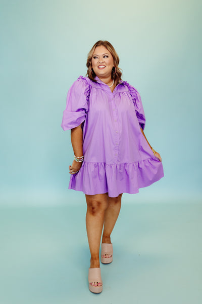 Karlie Purple Solid Button Puff Sleeve Ruffle Dress