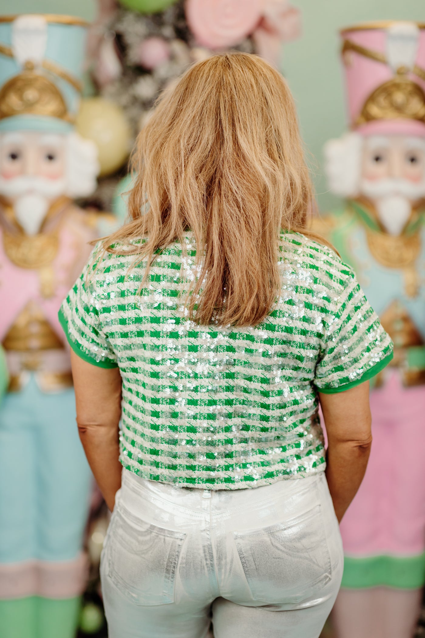 Green Sequin Pattern Cropped Top