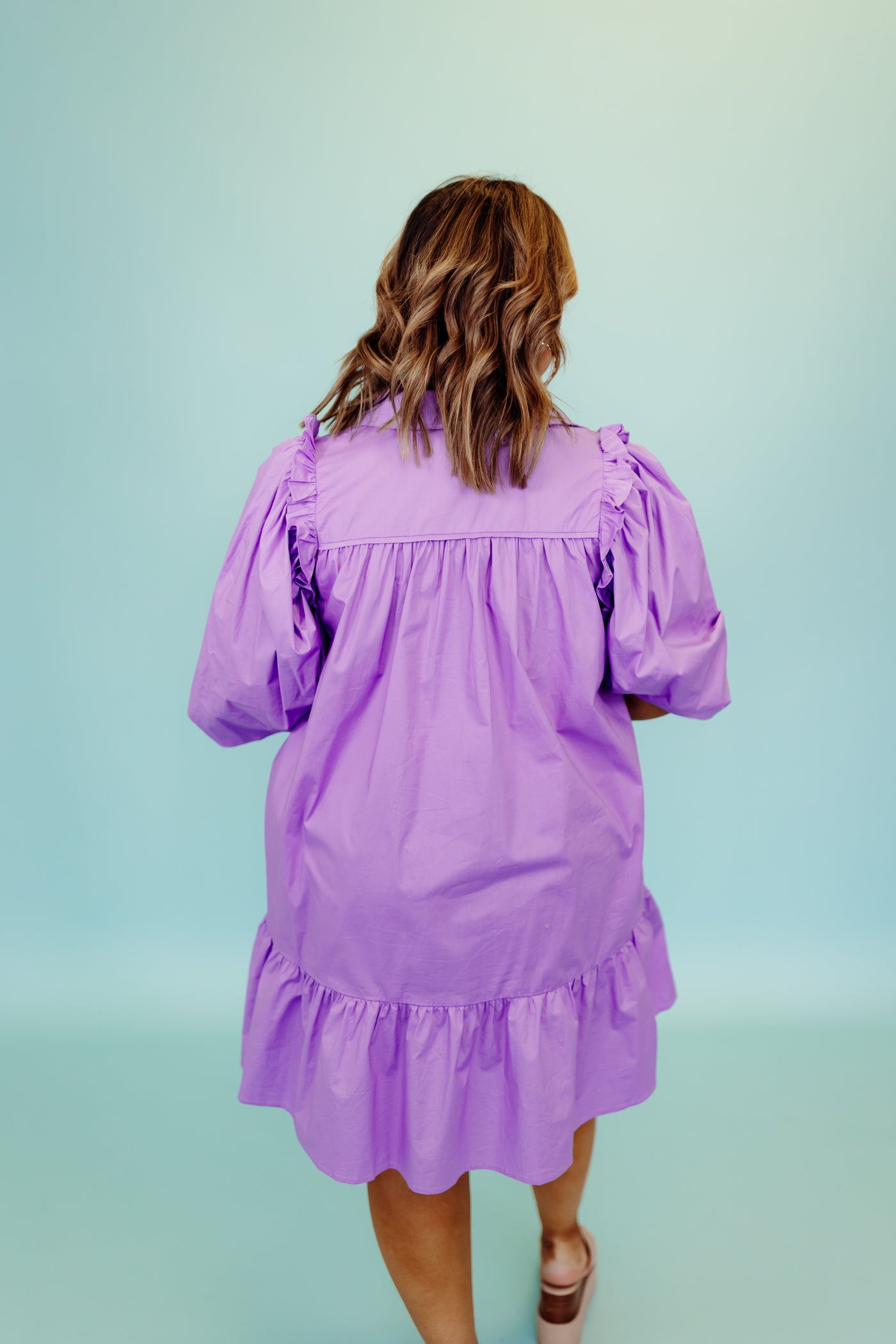 Karlie Purple Solid Button Puff Sleeve Ruffle Dress
