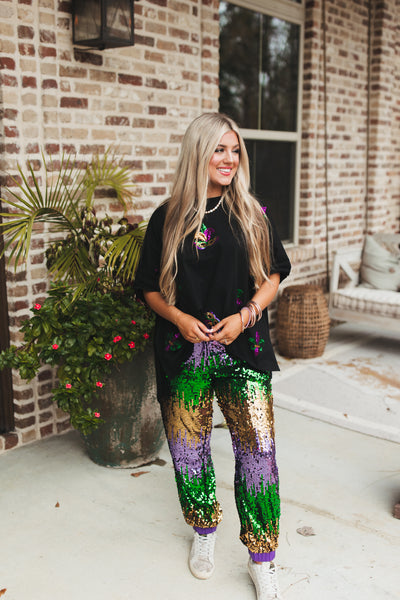 Black Sequin Mardi Gras Fleur De Lis Oversized Tee