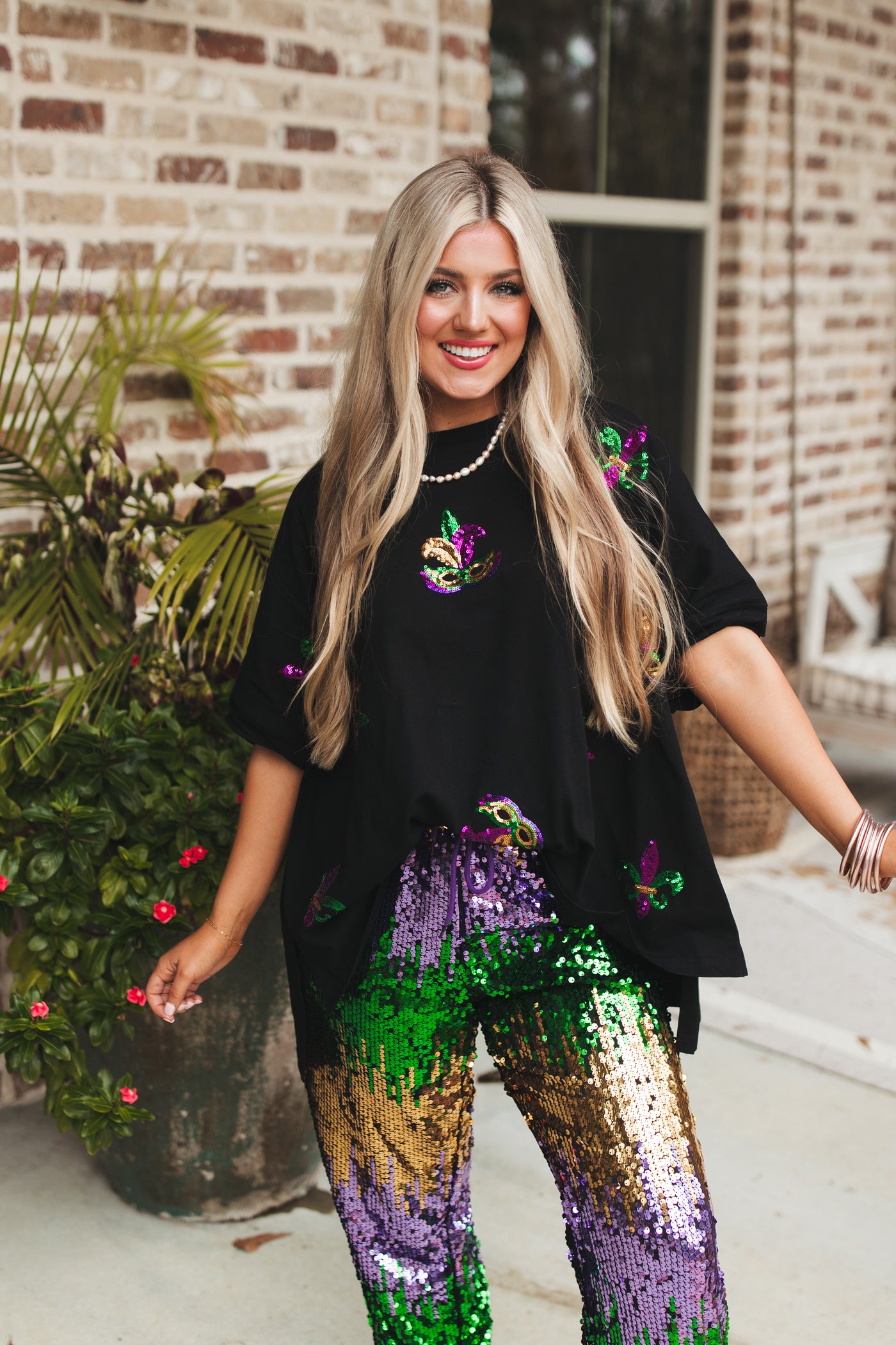 Black Sequin Mardi Gras Fleur De Lis Oversized Tee