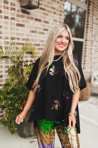 Black Sequin Mardi Gras Fleur De Lis Oversized Tee