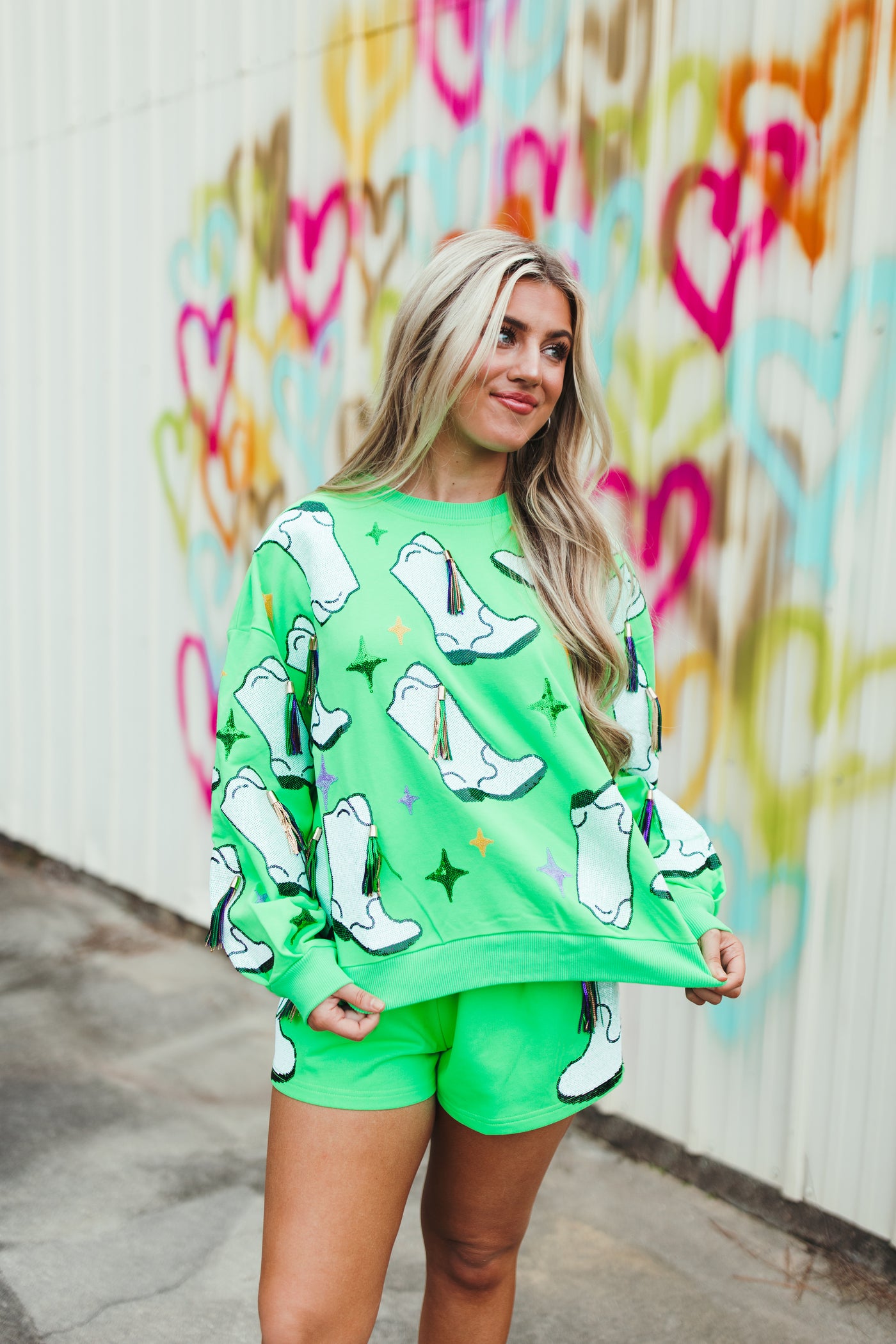 Queen Of Sparkles Neon Green Mardi Gras Fringe Boot Sweatshirt