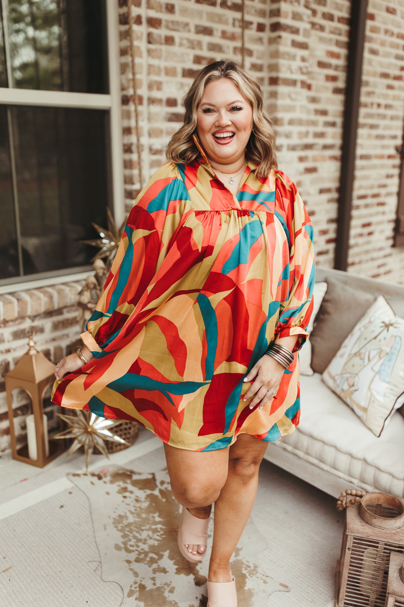 Adrienne Sunset Breeze Satin Ruffle Collar Balloon Sleeve Dress