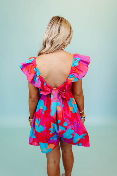 Red and Blue Multi Floral Tie Detail Romper