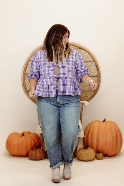 Lavender Plaid Bow Detail Half Sleeve Top