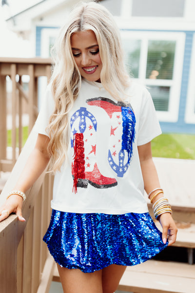 Queen of Sparkles Red & Blue Fringe Boots Tee