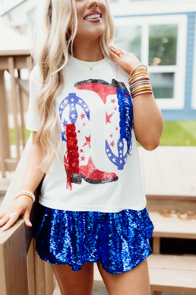 Queen of Sparkles Red & Blue Fringe Boots Tee