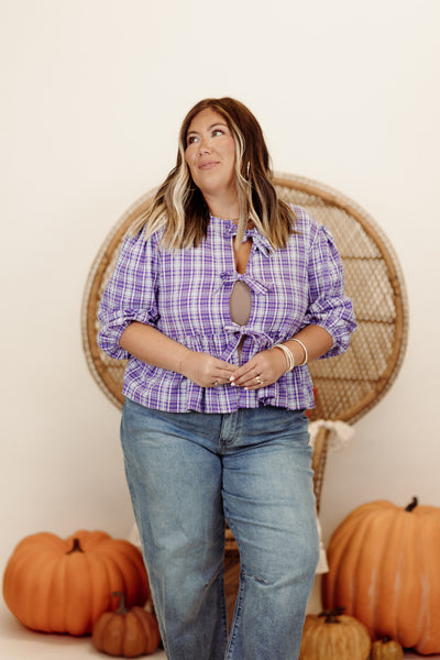 Lavender Plaid Bow Detail Half Sleeve Top