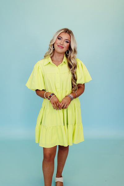 Lime Button Down Puff Sleeve Dress