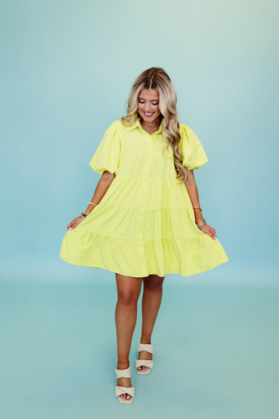 Lime Button Down Puff Sleeve Dress