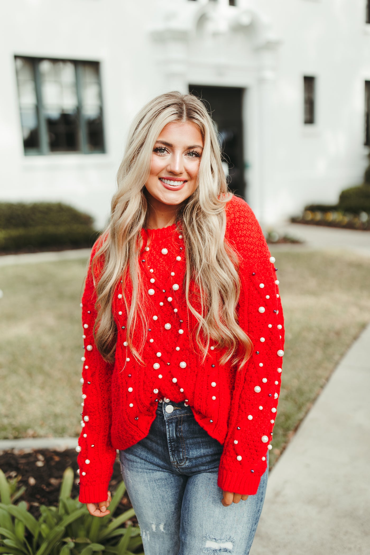 Red Pearl Beaded Cable Knit Sweater