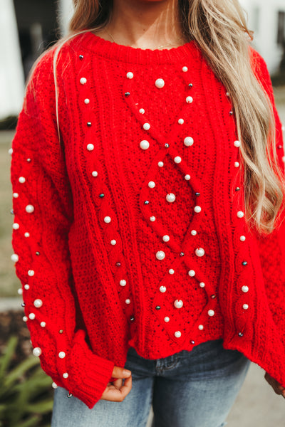 Red Pearl Beaded Cable Knit Sweater