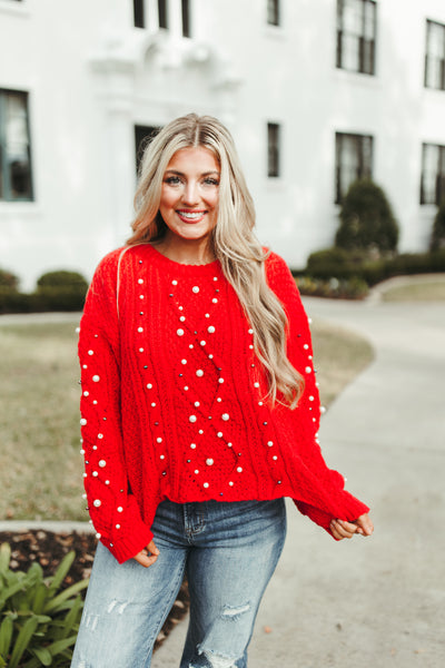 Red Pearl Beaded Cable Knit Sweater