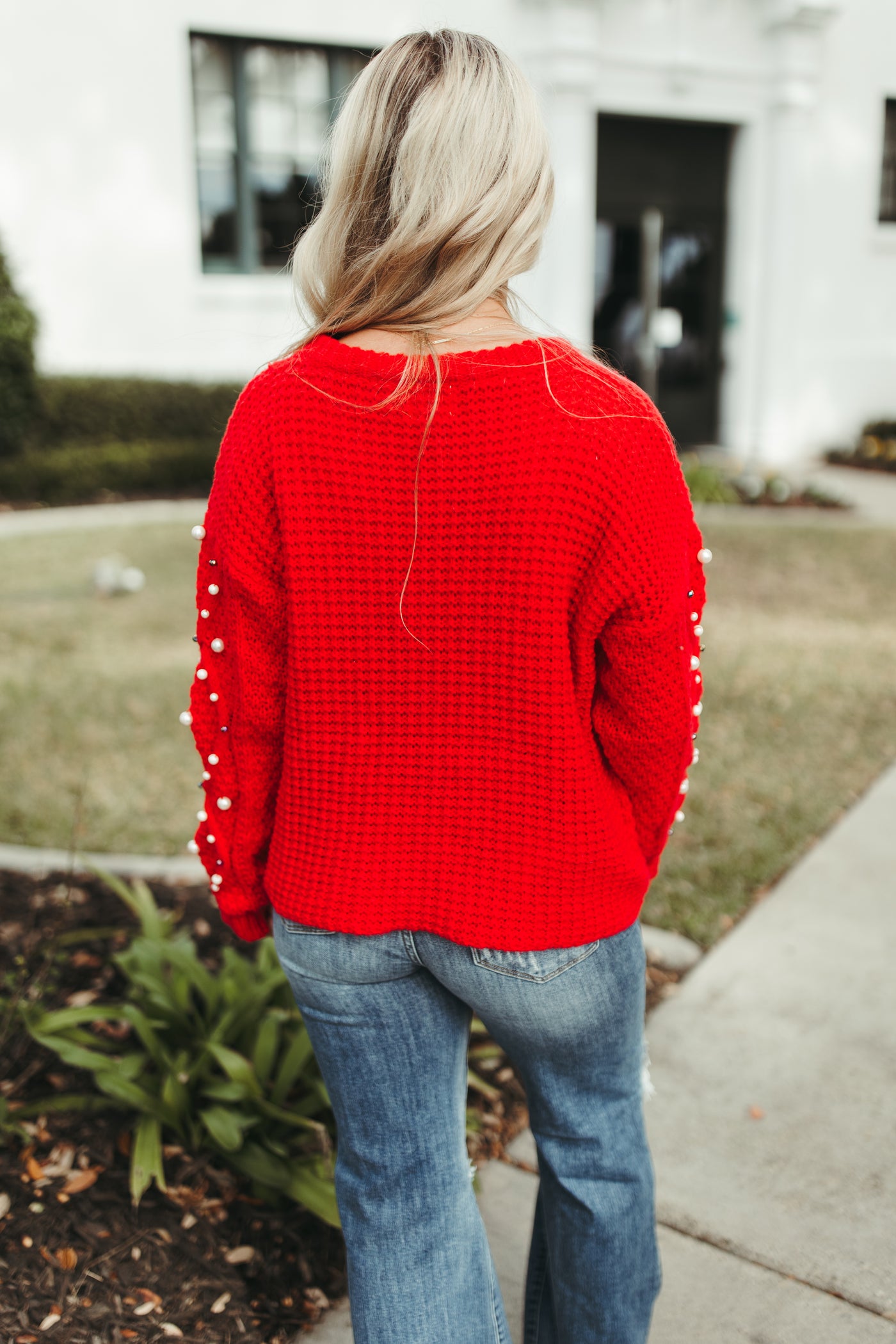 Red Pearl Beaded Cable Knit Sweater