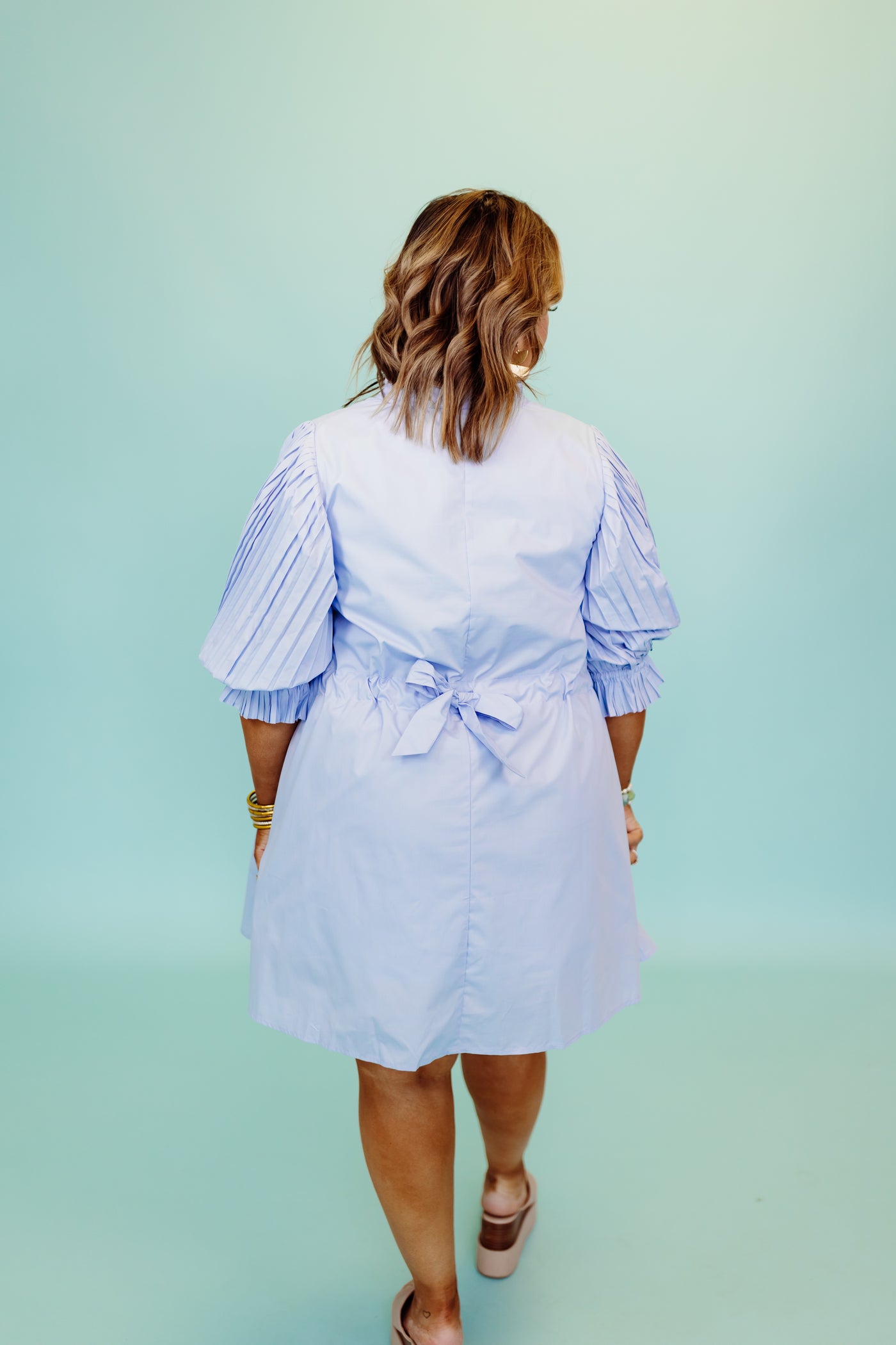 Chambray Pleated Detail Puff Sleeve Dress