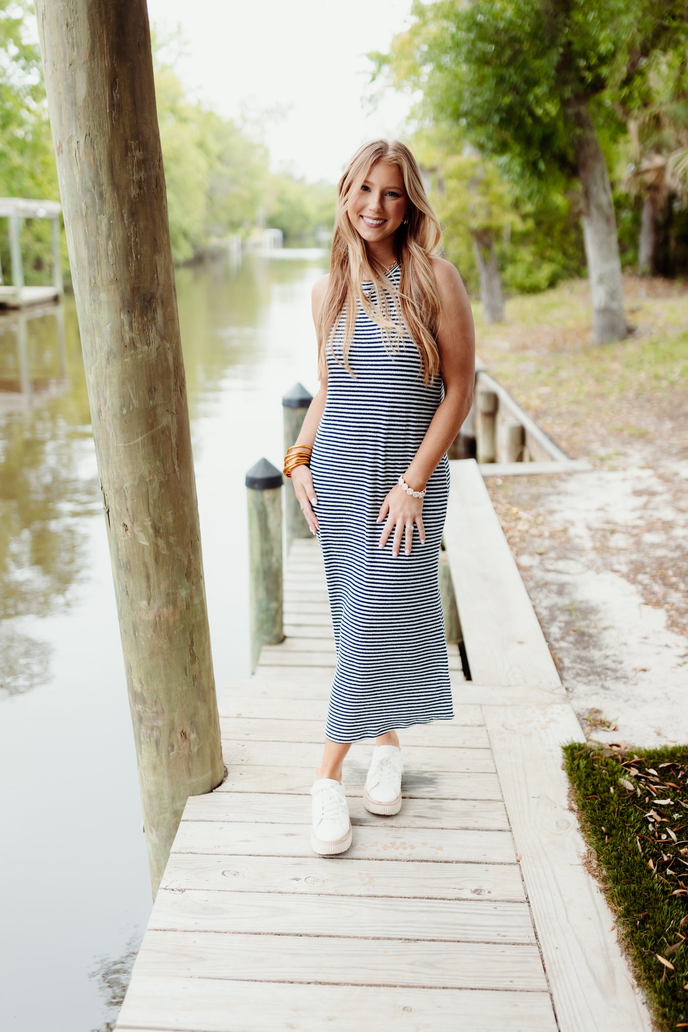 By Together Navy and Ivory Striped Sleeveless Midi Dress