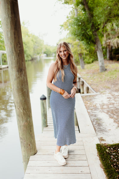 By Together Navy and Ivory Striped Sleeveless Midi Dress