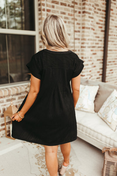 Black Textured Woven V Neck Pocket Dress