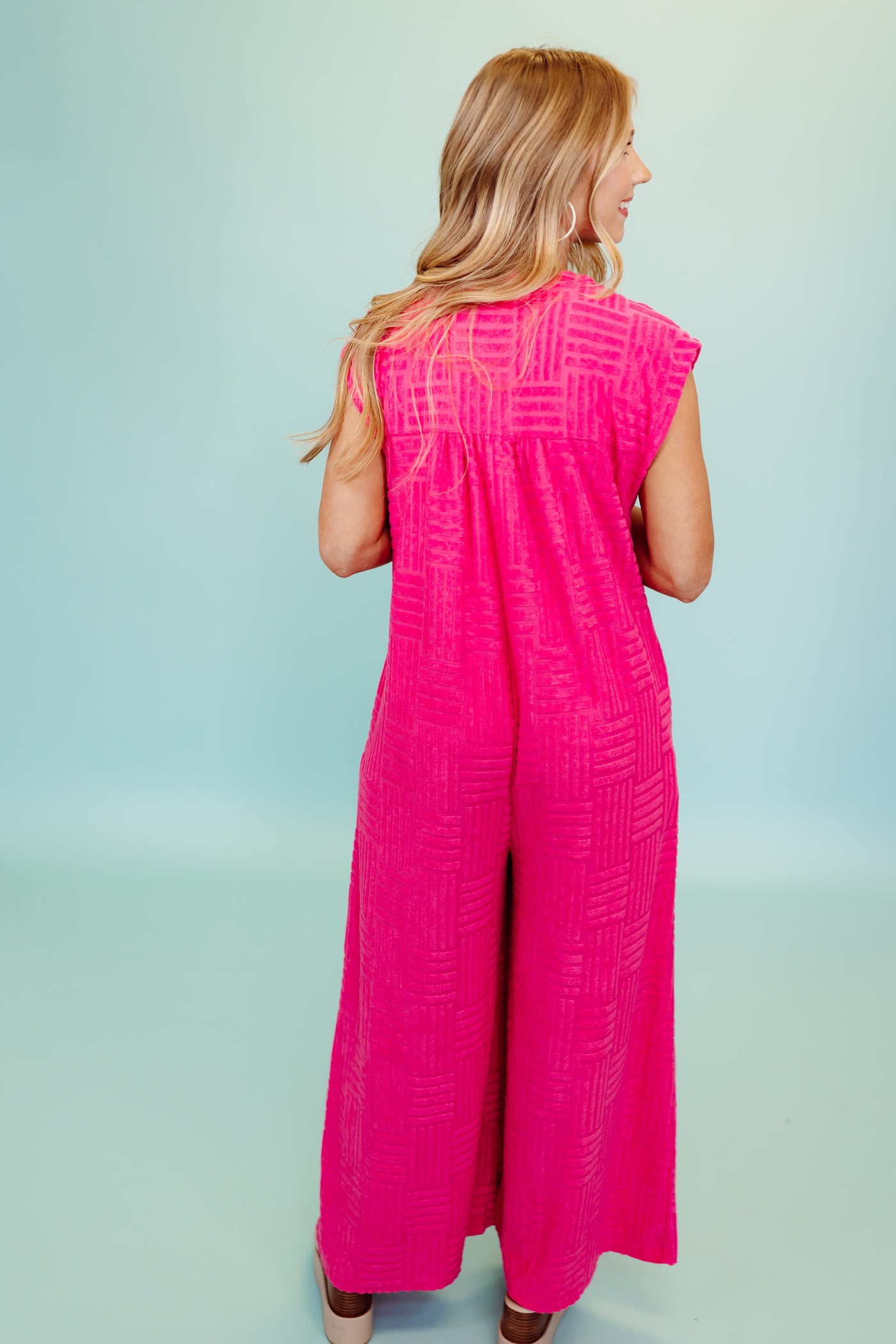 Hot Pink Terry Sleeveless Button Detail Jumpsuit