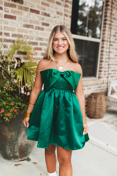 Emerald Green Satin Bow Detail Strapless Dress
