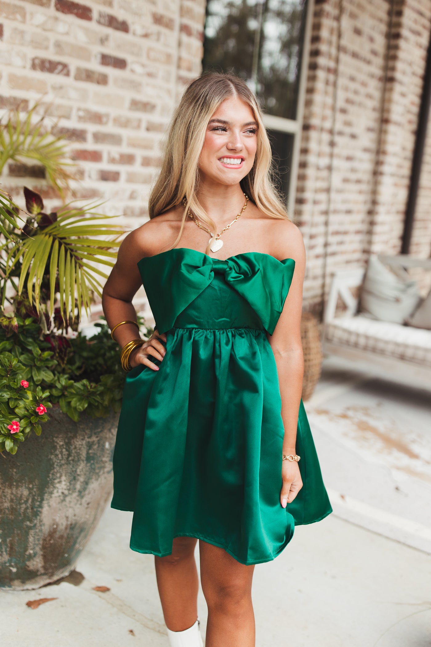 Emerald Green Satin Bow Detail Strapless Dress