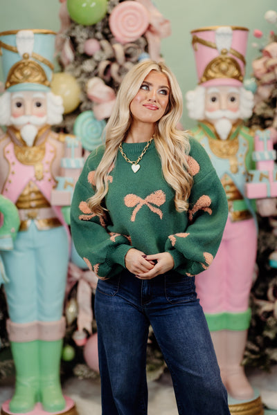 Teal and Coral  Round Neck Balloon Sleeve Bow Sweater