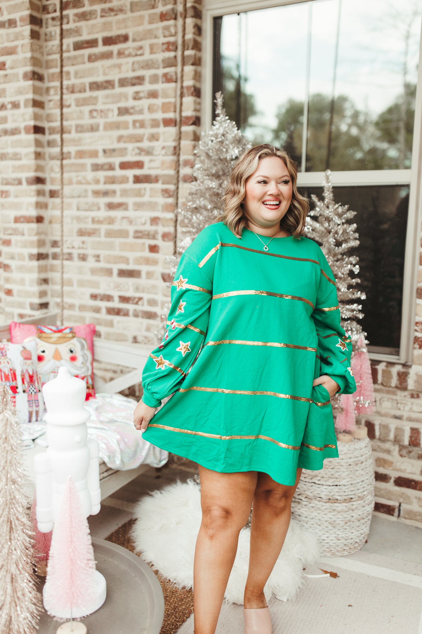 Green Christmas Sequin Stripe Sweatshirt Dress
