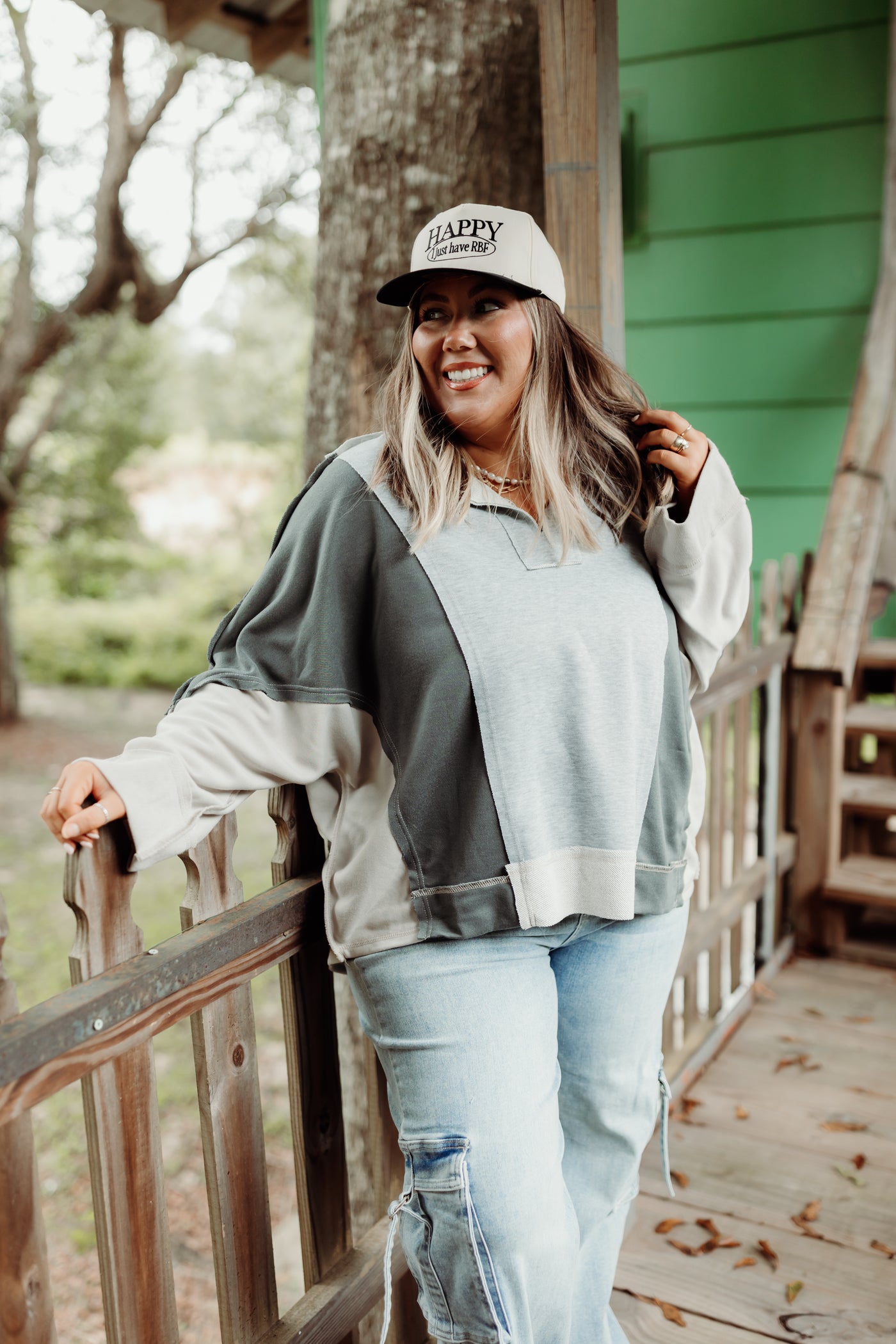 Heather Grey Combo Notch Neck Long Sleeve Top