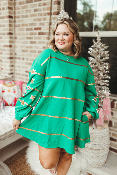 Green Christmas Sequin Stripe Sweatshirt Dress