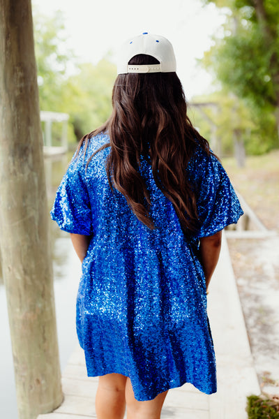 Blue Iridescent Sequin Shirt Dress