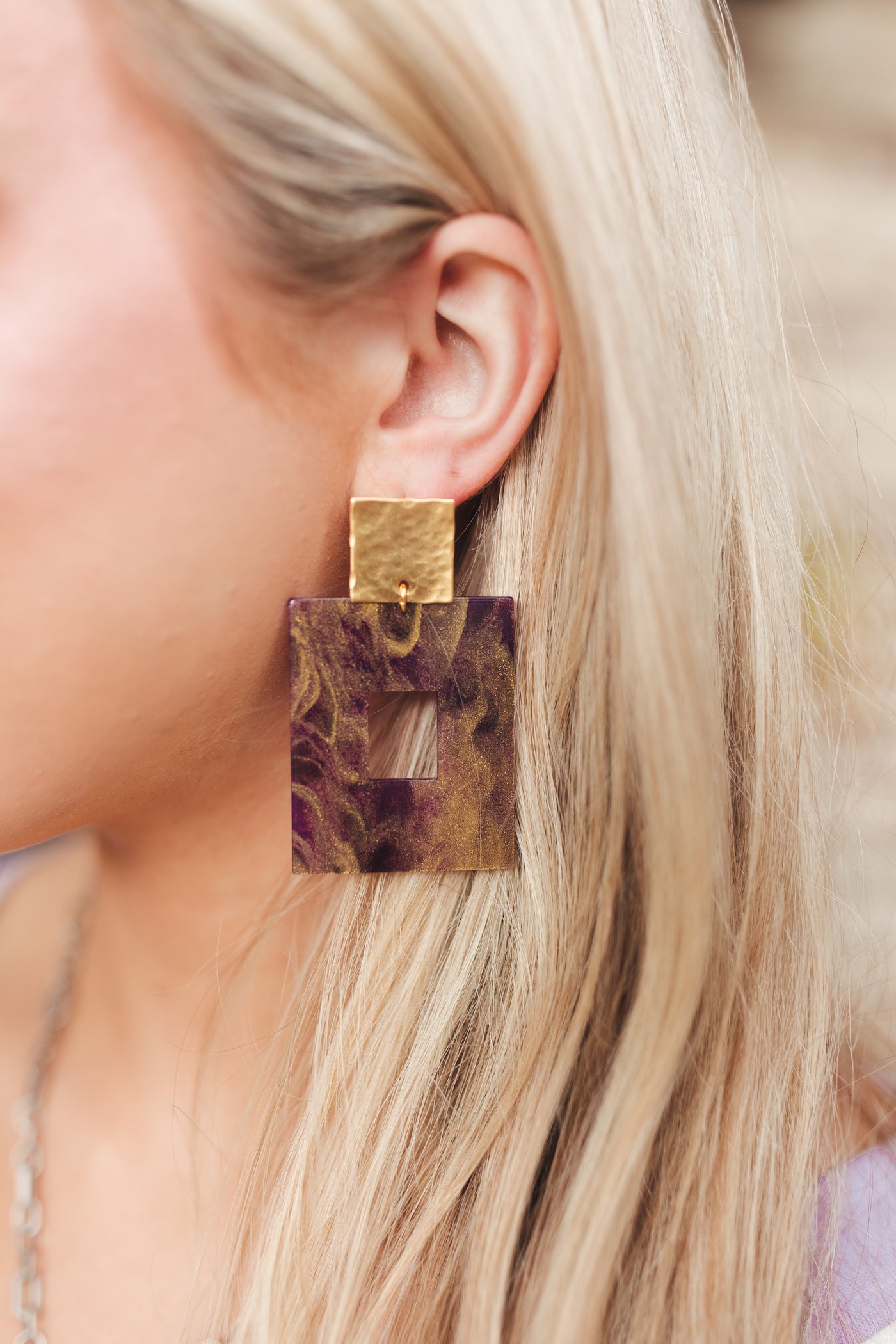 Virtue Jewelry Square Hammered Post Acrylic Earrings - Purple and Gold Glitter