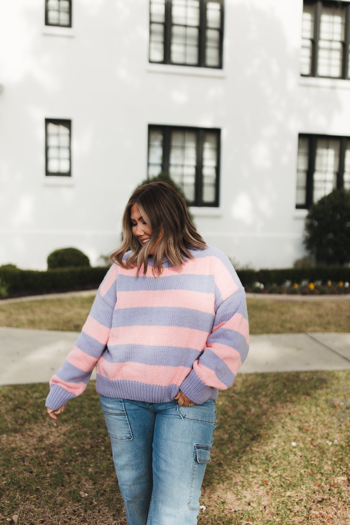 Lavender and Pink Colorblock Striped Sweater