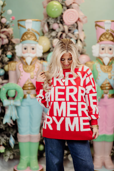 Red and White Merry Oversized Sweater