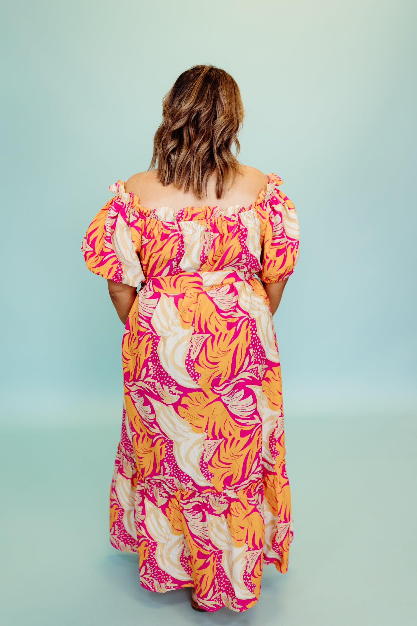 Fuchsia Mix Print Off Shoulder Midi Dress