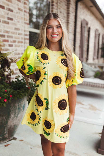 Queen Of Sparkles Yellow Sunflower Poof Sleeve Tee Dress