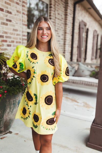 Queen Of Sparkles Yellow Sunflower Poof Sleeve Tee Dress