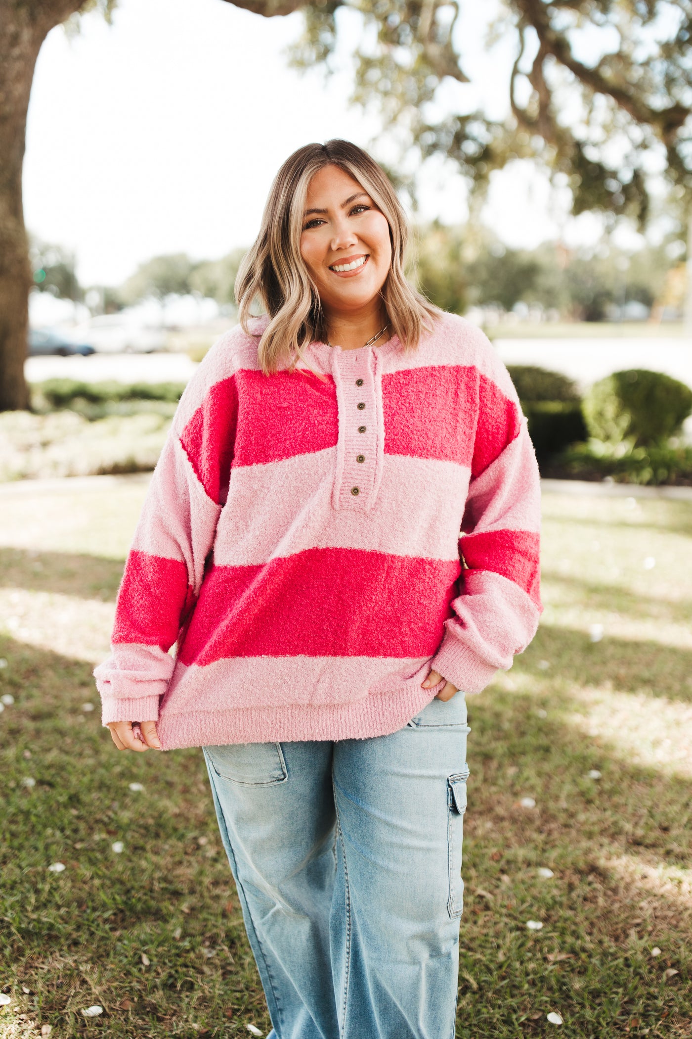 Pink and Fuchsia Colorblock Henley Sweater