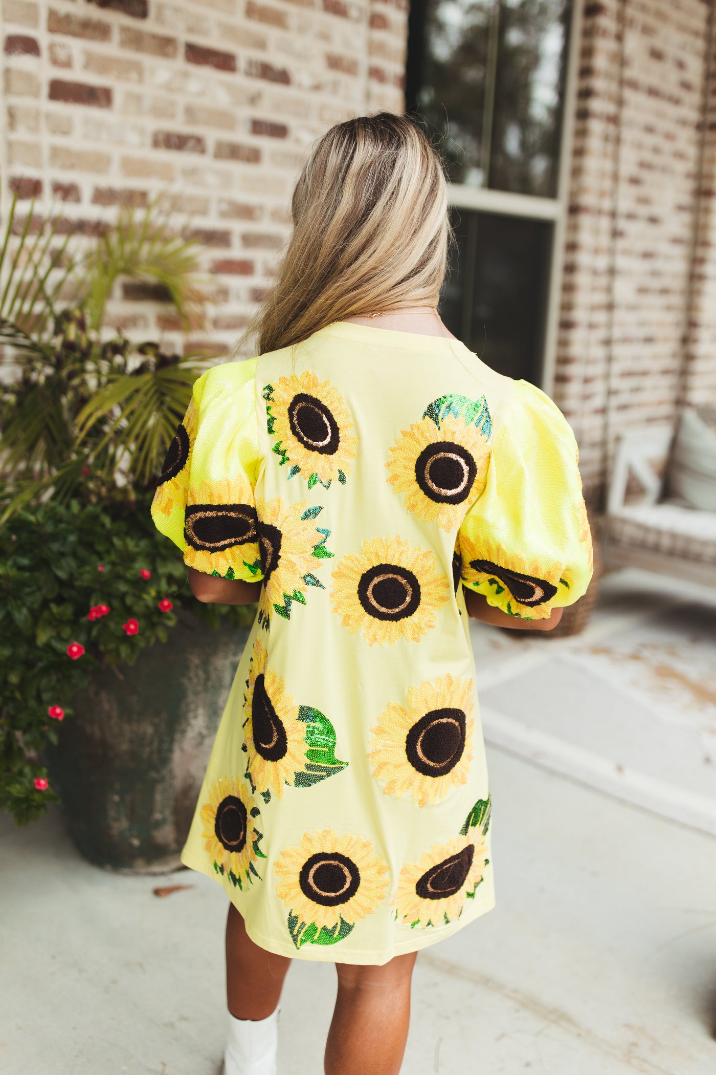 Queen Of Sparkles Yellow Sunflower Poof Sleeve Tee Dress