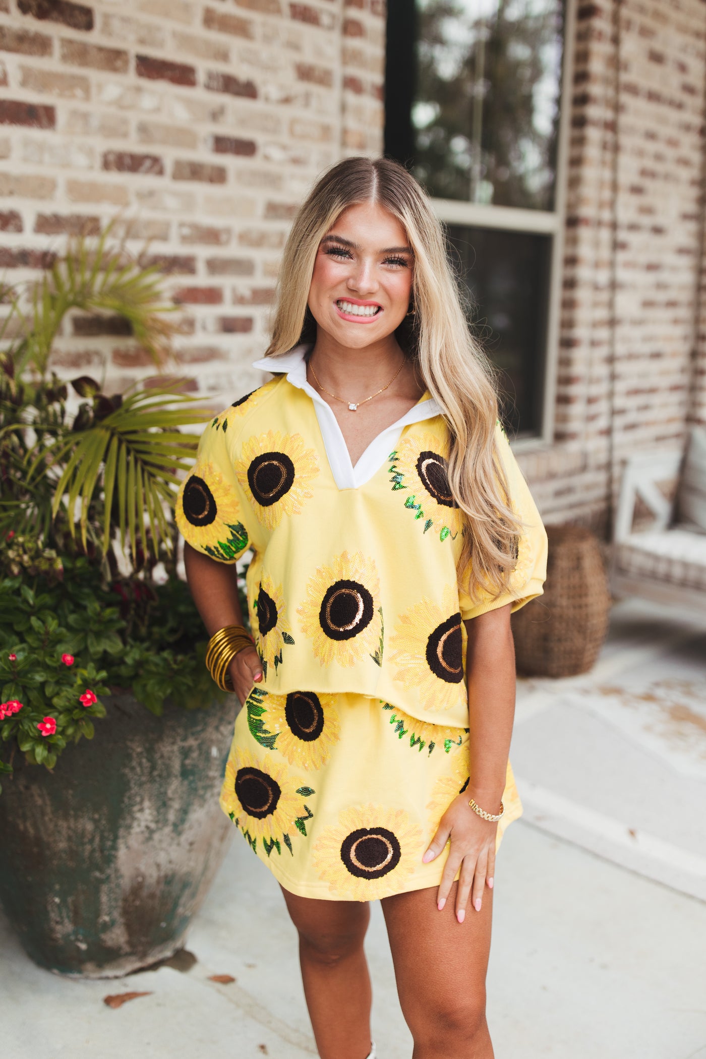 Queen Of Sparkles Yellow Sunflower Collar Top