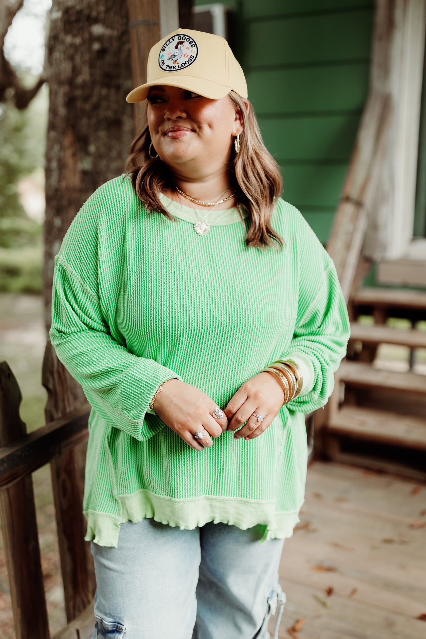 Green Ribbed Lettuce Trim Pullover